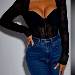 Private Label Black Sheer Lace Bodysuit